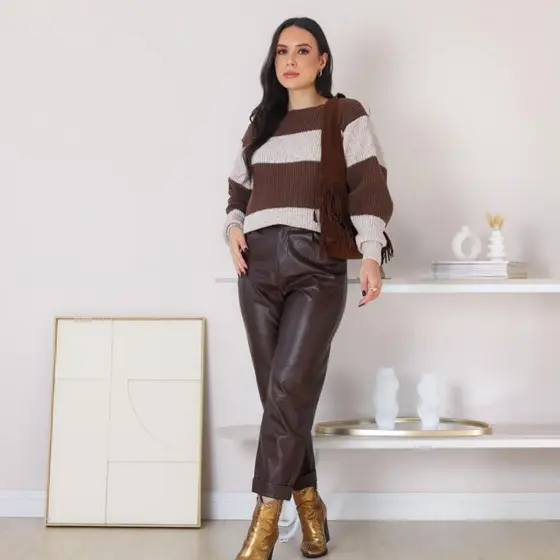 Blusa Feminina Listrada de Tricot Mousse Inverno Quente e Confortável