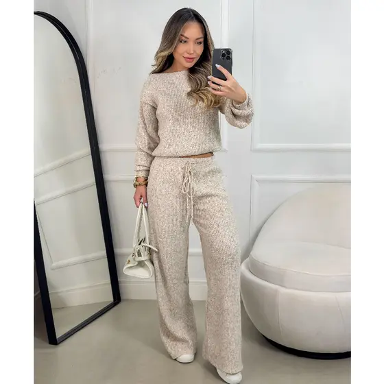 Conjunto Canelado de Tricot Mousse Calça Pantalona Cordão Ajustável+Blusa Manga Bufante Inverno