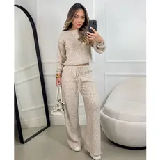 Conjunto Canelado de Tricot Mousse Calça Pantalona Cordão Ajustável+Blusa Manga Bufante Inverno