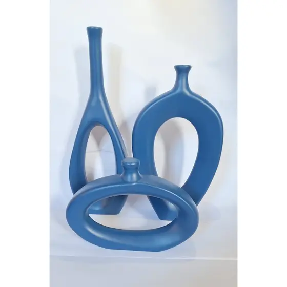 Conjunto Kit Vaso Trio Vazado em Cerâmica Cor Azul Marinho