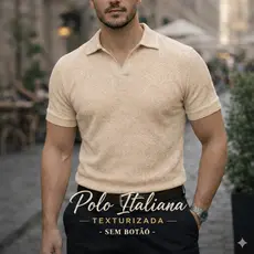 Polo Italiana texturizada sem botão, manga slim Camisa Polo Masculino Luxo Old Money
