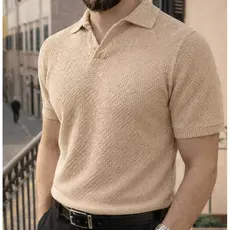 Polo Italiana texturizada sem botão manga slim Camisa Polo Masculino Luxo Old Money