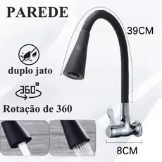 Torneira Parede Cozinha Gourmet Preta Flexivel 2 Jatos 1/4 de Volta Para Mesa Pia Bancada e Mármore