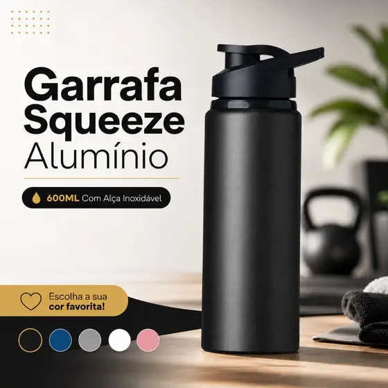 Garrafa Alumínio 600ML Com Alça Inoxidável Para Academia Dia A Dia