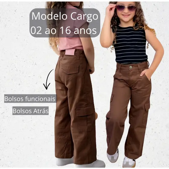 Calça Wide Leg Cargo Infantil Jeans Feminina Tendencia Juvenil Larga com Bolso Lateral Sem Lycra