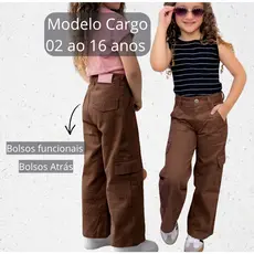 Calça Wide Leg Cargo Infantil Jeans Feminina Tendencia Juvenil Larga com Bolso Lateral Sem Lycra
