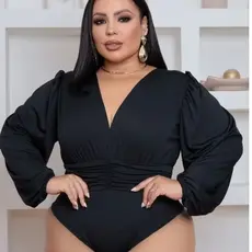 💫Body Feminino Plus Size Manga longa Decote V elegante💫