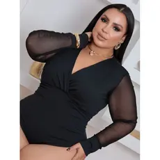 Body Feminino Plus Size Decote V Manga tule Elegante Festa