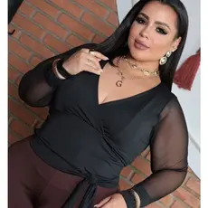 Cropped de amarrar manga longa no tule Plus size