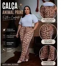 Calça Pantalona Plus Size Animal Print Feminina Cintura Alta Tendência Com Bolsos