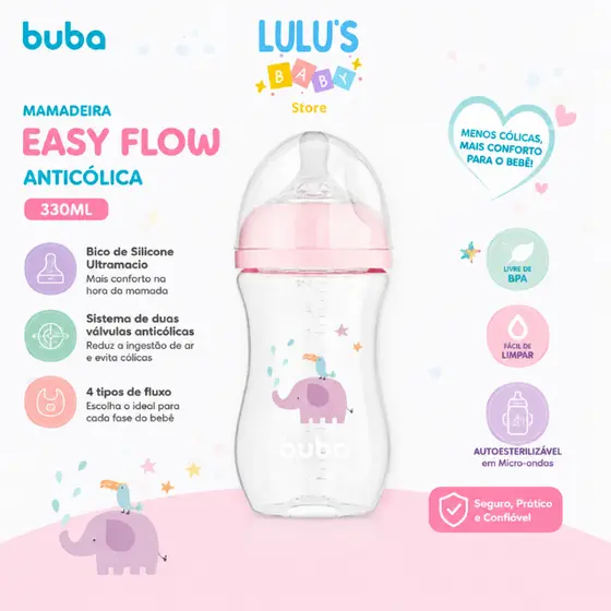 Mamadeira Buba Easy Flow 330ml Anticólica Fluxo 3 Rosa/Azul — Bebê 4+ Meses