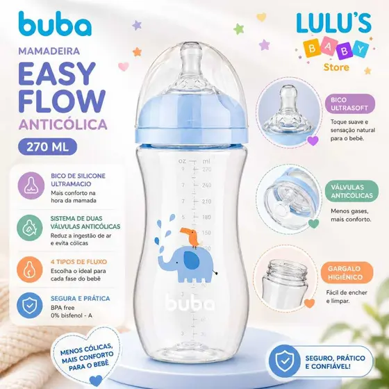 Mamadeira Anti-Cólica Buba Easy Flow 270ml Fluxo 2 Cores Rosa/Azul