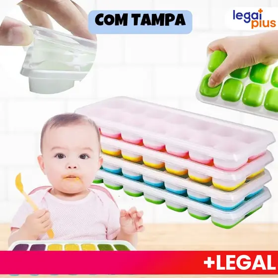 Kit 4 Formas de Gelo Silicone Com Tampa Rígida, Fundo Retangular 14 Cubos Multiuso Lavável