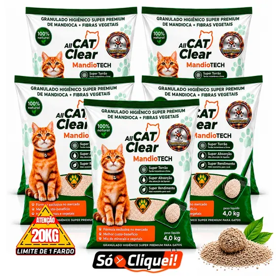 Kit 1 a 5 Pacotes Areia Gato All Cat Clear MandioTech 4 a 20KG Granulado Biodegradável Mandioca Bentonita Forma Torrões