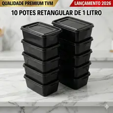 Kit Potes Plástico, Pote Retangular 1 Litro, Marmita Fitness, Pote Preto, Organização Cozinha, Vasilha Plástica, Conjunt