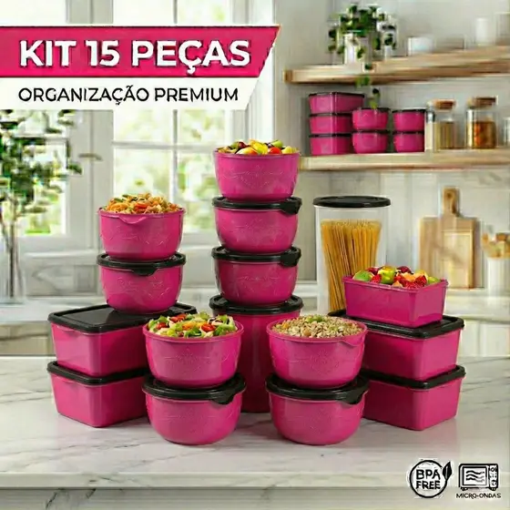 KIT 15 PEÇAS POTES ORGANIZADORES DE ALIMENTOS