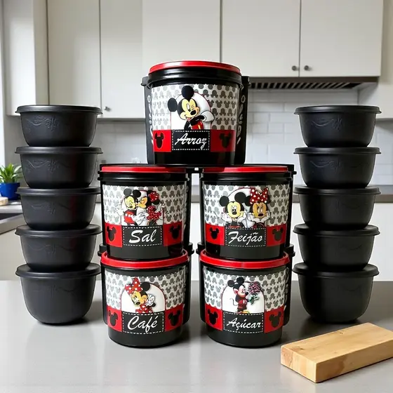 PORTA MANTIMENTOS PERSONALIZADOS COM TEMA MICKEY ROSA,VERMELHO E  PRETO