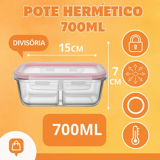 Pote Hermético de Vidro 700ml c/Divisoria – Conserva Alimentos, Marmita, Micro-ondas e Freezer