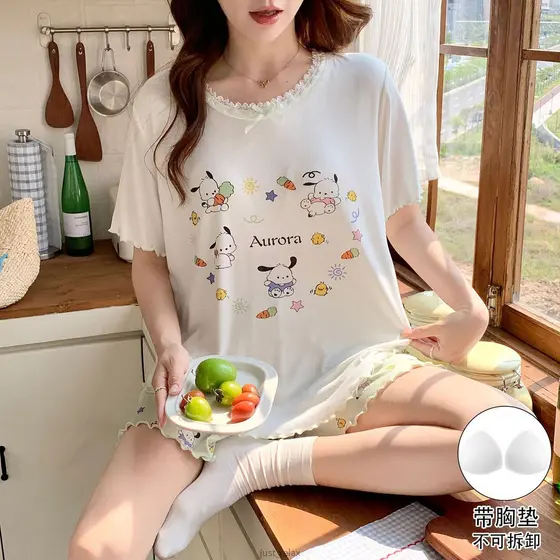 Pijamas Sanrio Pochacco Com Almofada De Sutiã , Conjunto De Pijama Plus Size De 40-80 Kg , Acolchoado , Roupa De Dormir