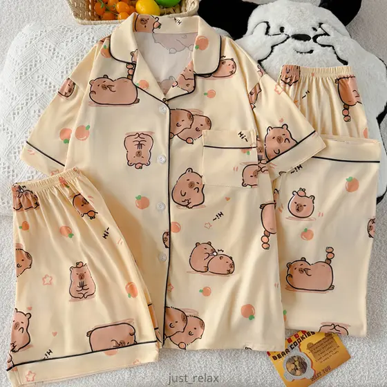 Conjunto De Pijama Capivara 3 Em 1-Manga Curta , shorts , Calças Compridas , Roupa De Dormir Fofa De Desenho Animado plu