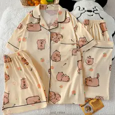 Conjunto De Pijama Capivara 3 Em 1-Manga Curta , shorts , Calças Compridas , Roupa De Dormir Fofa De Desenho Animado plu