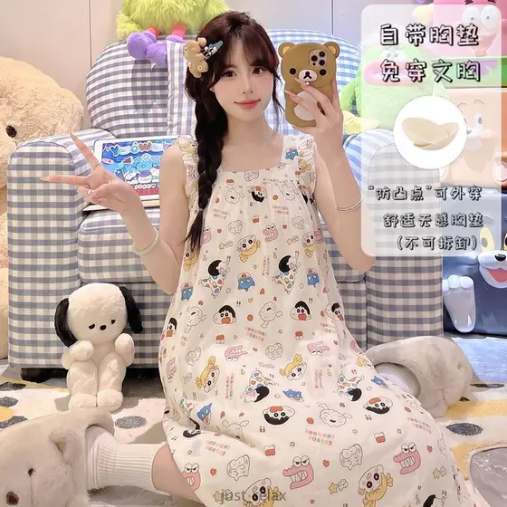 Camisola Crayon Shin-chan Com Almofada De Sutiã , Vestido De Dormir De Algodão Pijama Sem Mangas De 18-73 Kg Para Mulher