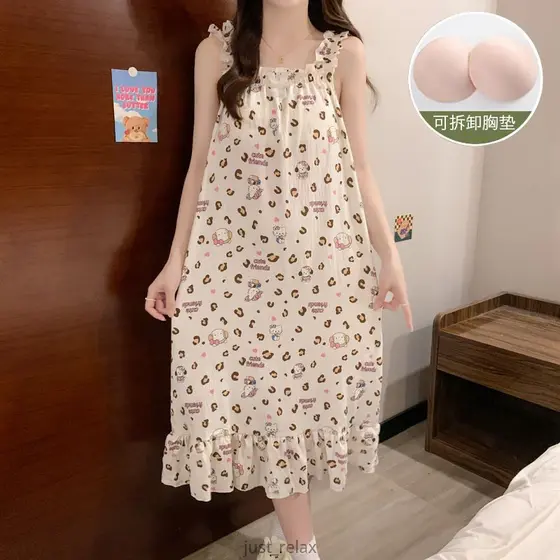 Vestido De Dormir De Algodão Com Almofada De Sutiã , Camisola Hello Kitty , Pijama Plus Size De 40-70 Kg Para Mulheres ,