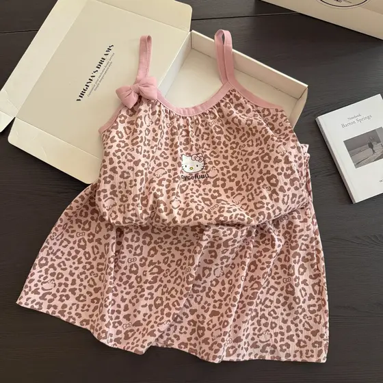 Vestido De Dormir Com Estampa De Leopardo E Hello Kitty , Pijama De Algodão , Camisola Plus Size De 40 A 75 Kg Para Mulh