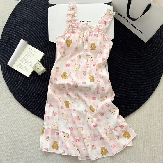 Camisola Kawaii Rilakkuma Com Almofada De Sutiã , Vestido De Pijama Acolchoado De 40-70 Kg Para Mulheres , Roupa De Dorm