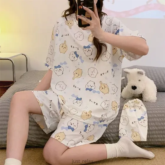 Conjunto De Pijama Estampado Chiikawa , Bolsa De Armazenamento Combinando , Roupa De Dormir Grande Adequada Para 40-75 K
