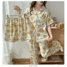 Conjunto De Pijama 3 Em 1 Twinkle , Roupa De Dormir De Algodão , Enviar Corda De Cabelo , Loungewear Plus Size De 45-75