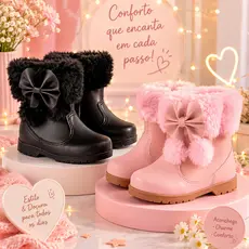 Bota Infantil Feminina Pelucia Detalhes Laço Pompom Cano Médio Inverno Confortável Fashion Quentinha