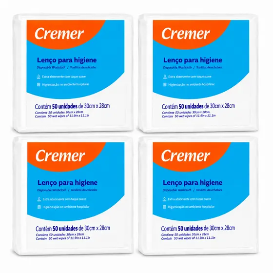 4 Pct C/50 Un - Lenço Wipes Higiêne / Acamados / Bebê Cremer