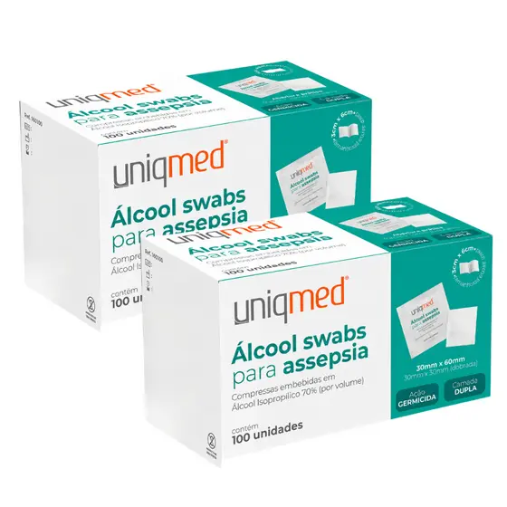 Kit 2 Caixas Álcool Swab 70% Saches Lenço Umedecido C/100 Unidades Cada - Uniqmed