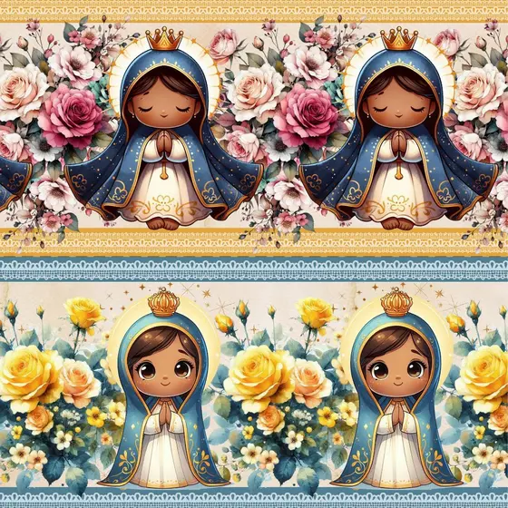 Tricoline Digital Algodão 100% Barrado Nossa Senhora Toalha Pano de Prato Atêlie Bibi