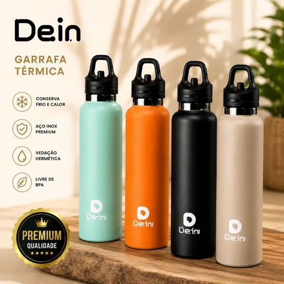 Garrafa Térmica Dein Inox 480ml/700ml com Tampa Click, Cores Foscas, Portátil, Sem Vazamento