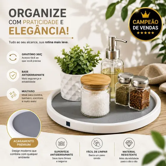 Organizador Giratório 360° Premium 25cm Base Antiderrapante Silicone Plástico Reforçado Multiuso