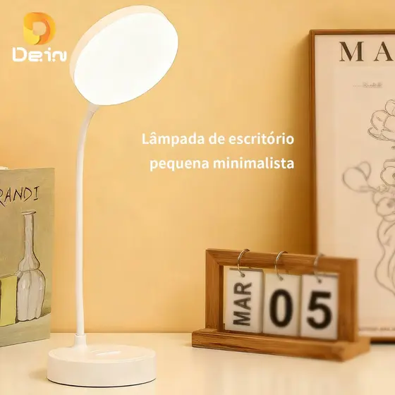 Luminária de Mesa LED Flexível 360° com Suporte para Celular e 3 Modos de Luz – Recarregável USB