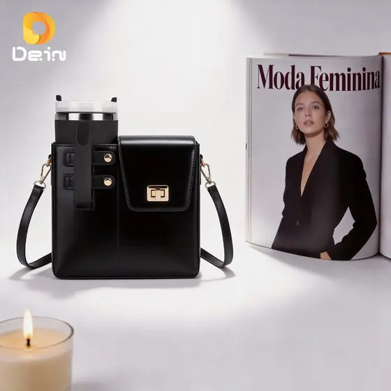 Bolsa Feminina com Porta Copo Grande Transversal Couro PU Moda Elegante Compacta