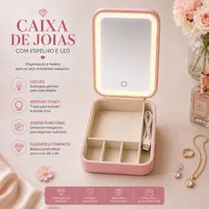 Caixa Porta Joias Luxo com Espelho LED USB Recarregável Organizador de Bijuterias 4 Divisórias