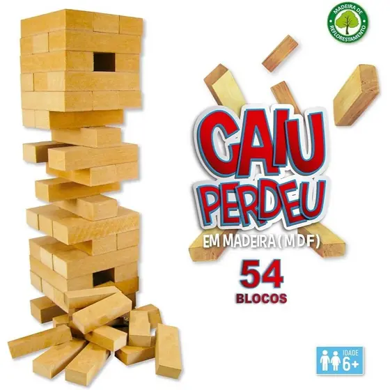 Jogo Brinquedo Caiu Perdeu Torre de Madeira Equilibrio Pais e Filhos 54 peças