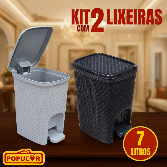 Jogo Rattan para Organização e Limpeza Cesto 50 Litros, Lixeira Pedal 7L, Lixeira Pia 5 Litros