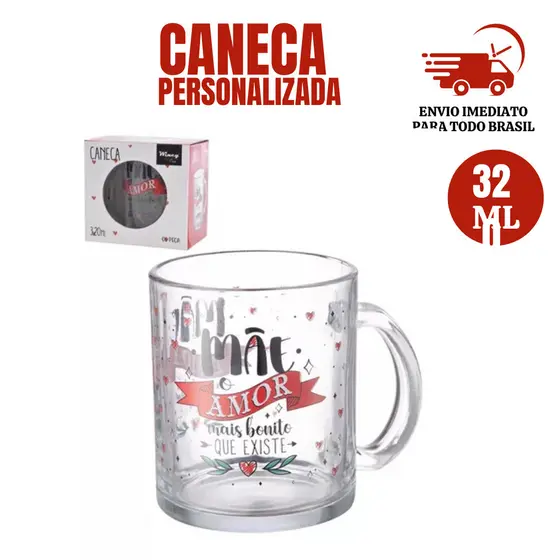 CANECA COZINHA DE VIDRO 320ML MÃE AMOR  PERSONALIZADA CAFÉ, CHÁ