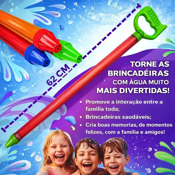 Lançador De Água Longo Infantil Colorido 62cm para Brincar na Piscina e Praia Brinquedo Verão