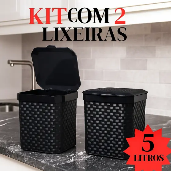 Kit 2 Lixeiras Cesto Cozinha Banheiro Escritório Rattan 5 Litros Com Tampa