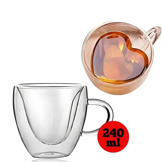 Xícara para Café Parede Dupla de Vidro Coração 240ml