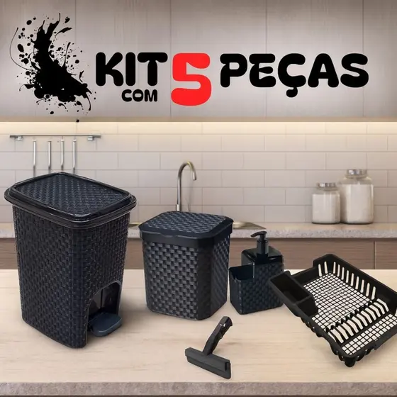 Kit Lixeira Pia 5 Litros + Lixeira 7 Litros + Porta Detergente + Rodinho de Pia + Escorredor Louça