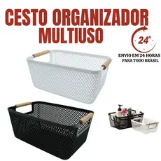 Cesto plástico Organizador Para Frutas Telado Retangular Branco preto Fruteira Com Alça De Madeira