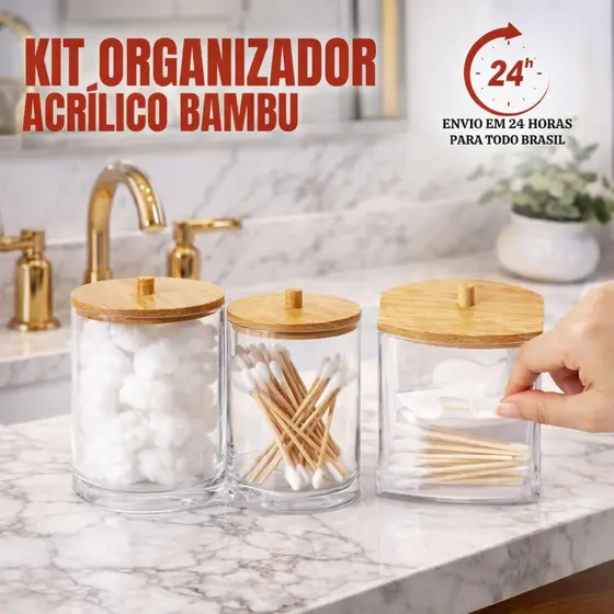 Organizadores de Cosméticos Acrílico Porta Algodão Cotonete tampa Bambu