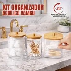 Organizadores de Cosméticos Acrílico Porta Algodão Cotonete tampa Bambu